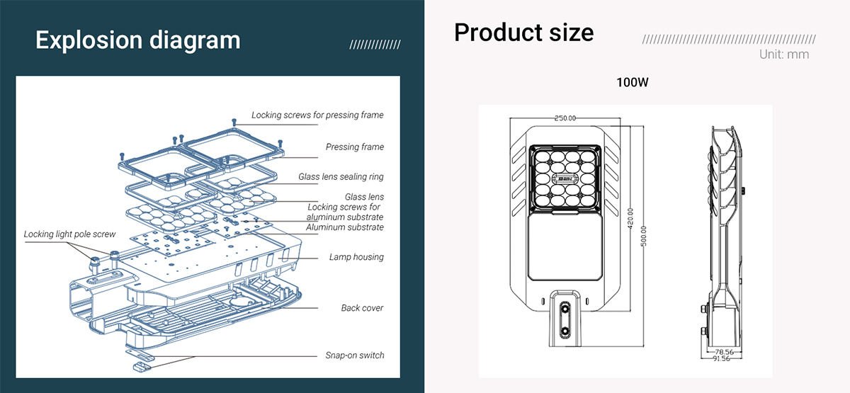 Free-tool maintenance 50W 100W 150W 200W Outdoor Glass optical lens LED Street light